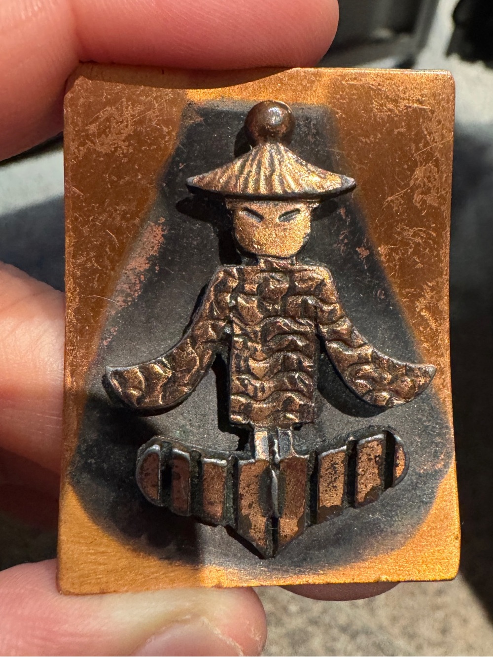1960s Vintage Copper Asian Figurine Plaque